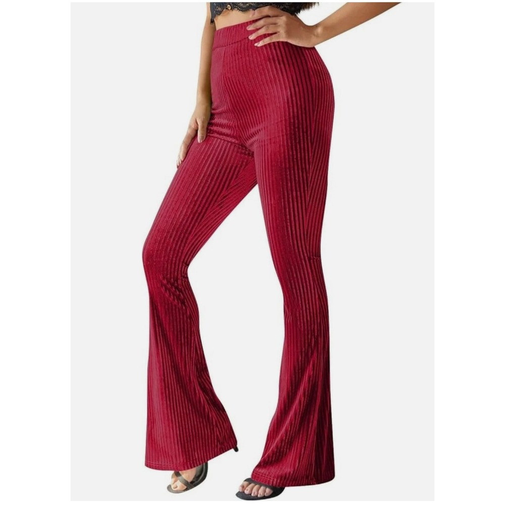 Velvet Flare Pants Ribbed Bell Bottoms Boho Glam Disco Y2K‎  Red Large